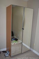 Closed wardrobe showing mirrored double doors and light wood laminate sides.