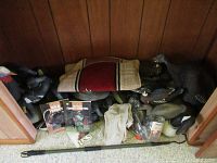 Photo showing multiple turkey, duck, and goose decoys, two hunting books, a small pheasant-themed rug, a Mossy Oak Quik Cover hunting suit in packaging, and a mesh camo shirt against a wood-paneled wall.