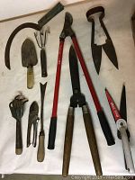 Photo of 10 garden tools displayed on white cloth: loppers, hedge shears, snips, sickle, spade, rakes, weed puller, grass clippers.