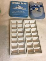 Two white ice cube trays and two blue cold storage containers.