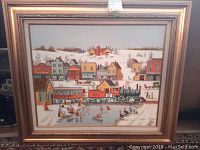 Framed winter village scene canvas print by R. Smith, showing houses, people skating, and a train.