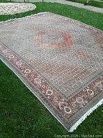 Full view of rectangular rug laid flat on grass showing central medallion pattern and red border
