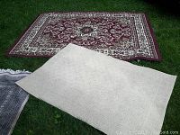 Karastan Chaumiere rug and Generation beige rug displayed on grass showing patterns and size relations.