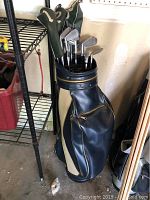 Full view of the blue and beige men's golf bag with golf clubs inside, showing green headcovers on woods.