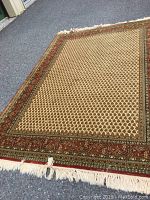Photo showing the full view of the rectangular American Classics area rug with lattice pattern and fringed edges on an asphalt surface.