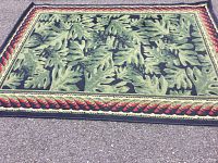 Top view of rectangular green leaf patterned rug with red border on pavement