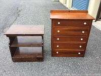 Photo showing both the vintage dresser and display shelf together outside on pavement, highlighting overall appearance and size comparison.