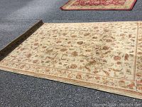 Full view of the area rug showing beige background with floral pattern on pavement.