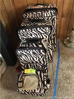 Five zebra print soft-sided luggage pieces stacked by size against wood paneled wall.