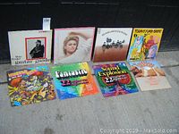 Full view of 8 vintage vinyl LP albums including The Serge Guitar Guide XTRA, Olivia Newton John, Blood, Sweat & Tears, Today's Super Greats 3 record set, Hustle, Fantastic 22 Original Hit Special Disco, Sound Explosion 22 Original Hit Special Disco, and another album with a reclining woman on the cover.