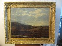 Full view of framed oil painting depicting Scottish landscape