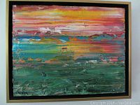 Full front view of painting in wood float frame