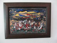 Full view of abstract painting in dark wood frame showing composition and frame condition