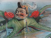 Close-up of octopus-faced figure with military helmet, labeled tentacles, and landmarks including Eiffel Tower