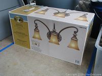 Boxed Hampton Bay vanity fixture, showing the product image of a three-light fixture with scroll and leaf design and glass bell shades.