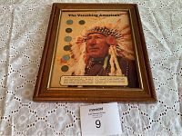 Framed coin display titled 'The Vanishing American' showing all six coins and Native American artwork.