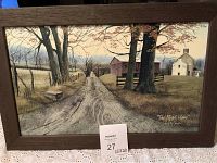 Frontal view of framed artwork showing a rural dirt road scene with barn and farmhouse by Billy Jacobs.