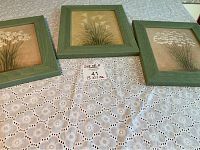 Three framed floral prints laid out on white eyelet fabric, showing frames are light green and attached to prints.