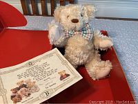 Full view of the light beige Bialosky Treasury bear with a plaid bow tie sitting inside a red box next to a certificate.