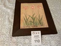 Framed flower painting with three pink flowers, 13x11 inches including frame
