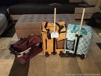 Photo showing all three items: one maroon insulated tote basket on the left, a beige wheeled cart in the middle with black trim and mesh pockets, and a blue patterned wheeled cart on the right with matching side pockets, all with handles extended or foldable.