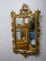 Front view of the rectangular ornate gilt framed mirror showing floral and scroll carved details in gold finish.