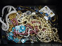 Top view of the lot showing mixed costume jewelry mainly necklaces, tassel pendant, earrings, and brooch, highlighting various styles and colors.