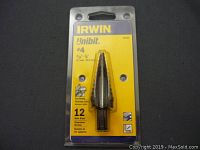 Front view of Irwin #4 Unibit step drill bit in original yellow packaging with branding and size details visible.