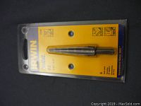 Front view of sealed Irwin Unibit #2 step drill bit in yellow blister packaging