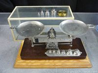 Front view of the Eastman Kodak studio scale showing metal pans, wooden base, engraved nameplate, and set of calibrated metal weights under a clear acrylic protective case.