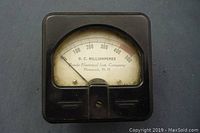 Front view of vintage D.C. milliamperes gauge in black casing with analog dial.