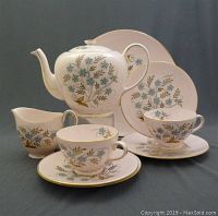 Complete view of the 11-piece tea set showing teapot, creamer, cups, saucers, side plates and cake plate with hand painted blue flowers and gold accents
