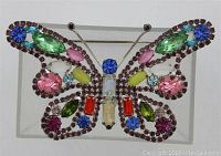 Front view of butterfly brooch showing colorful rhinestones and detailed wing design.