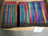 Box of 34 children's books with colorful spines aligned showing Time Life Early Learning Program and Fisher Price series.