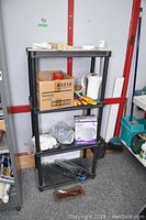 Resin shelving unit with items including Rival kettle box, handsaws, dustpan, and a box of assorted tools and bottles.