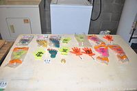 Wide front view of all assorted suction cup signs laid out on a white table, showing a variety of hand and foot shapes in assorted colors.