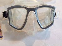 Front view of the clear dual-lens dive mask with gray frame and adjustable strap