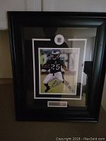 Straight-on close photo of the framed LeSean McCoy signed picture showing the NFL logo medallion, autograph, and plaque.