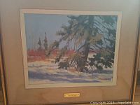 Frontal view of the framed painting with visible snow and pine tree landscape scene.
