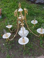 Full view of the vintage hanging lamp on grass showing six arms with candle-style light bulbs and frosted glass plates.