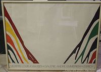 Full view of framed Morris Louis exhibition poster showing colorful abstract design with warm and cool tones and event details along bottom edge.