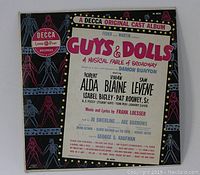 Front cover of the Guys and Dolls vinyl record sleeve featuring cast and production credits.