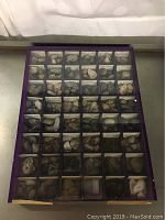 Top-down photo showing a purple display case with labeled rock samples arranged in rows and columns.