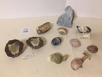 Overview of entire rock and mineral collection including petrified wood pieces, Thunder Egg halves, polished stones, and carved decorative stones.