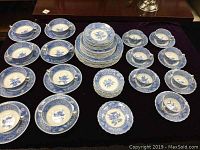 Full set arranged on table showing all plates, bowls, cups and saucers