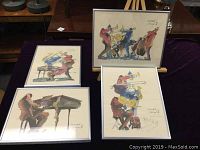 Four framed prints showing abstract colorful jazz musicians in a standing and seated arrangement playing instruments.