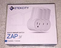 Box front showing Etekcity branding and 3 remote outlet switches with 3 outlets and 1 remote described on box front.