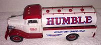 Side view of Humble Aviation Gasoline Truck toy model showing red and white paint and logo decal.