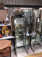 Full view of tall glass display case with mirrored back and metal frame, doors closed.