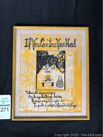 Front view of the framed print showing the yellow and black silk screen art with handwritten text and imagery in bamboo style frame.